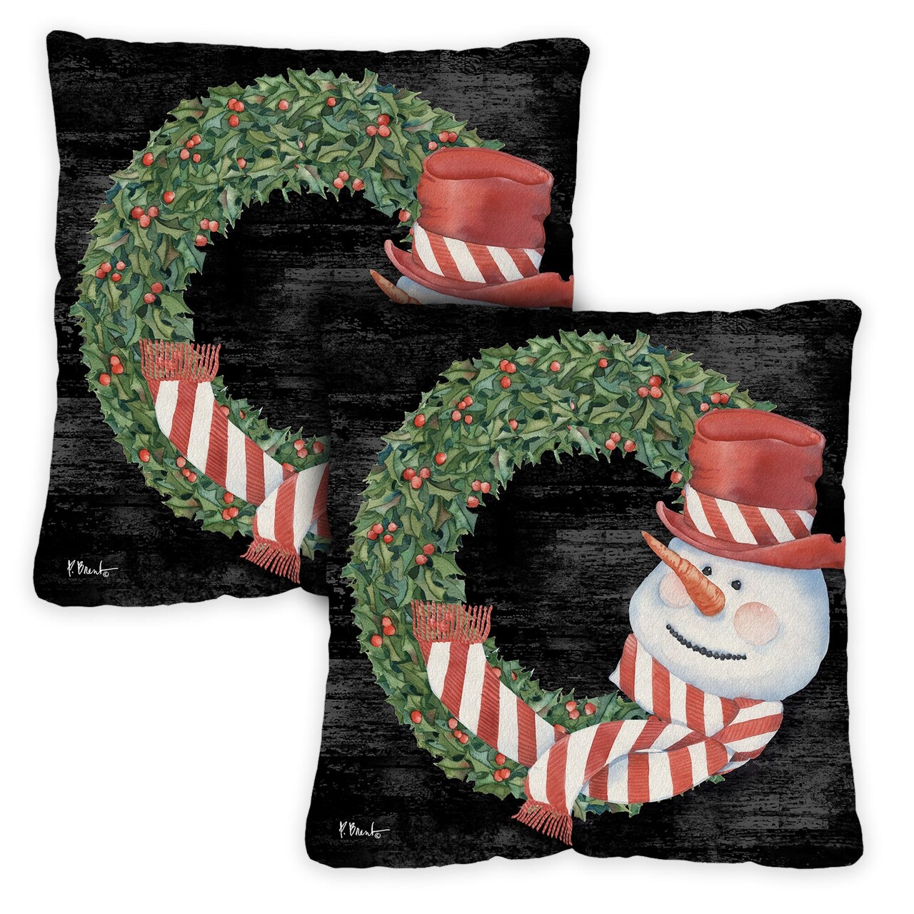 Snowman Wreath Decorative Christmas Indoor/Outdoor Pillow Cover (set of 2)